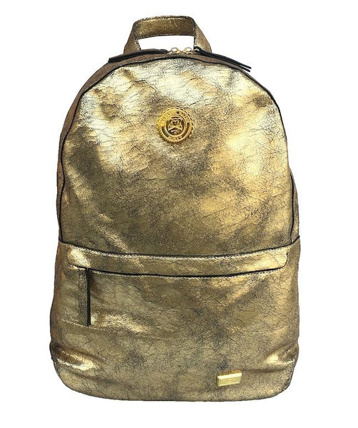 METALLIC/BLACK CRACKED VEGAN LEATHER CAP