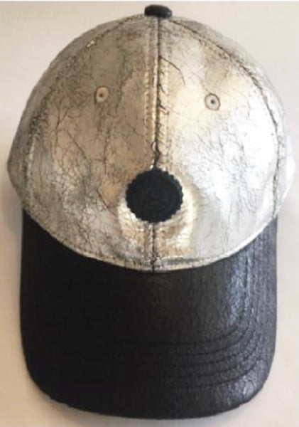 METALLIC/BLACK CRACKED VEGAN LEATHER CAP