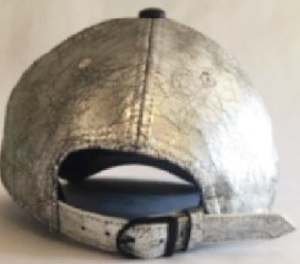 METALLIC/BLACK CRACKED VEGAN LEATHER CAP